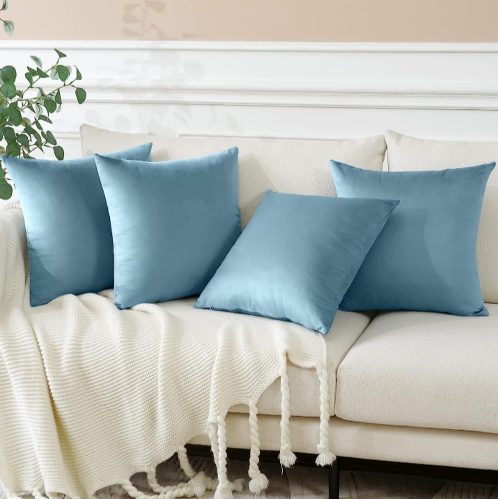 Set of 4 Sky Blue Soft Velvet New Pillow Covers 18" Square w Zipper Pastel Decor